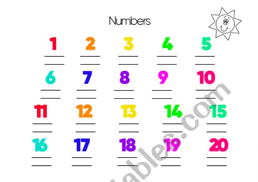 Numbers, name and pronunciation Sheet, for kids. 