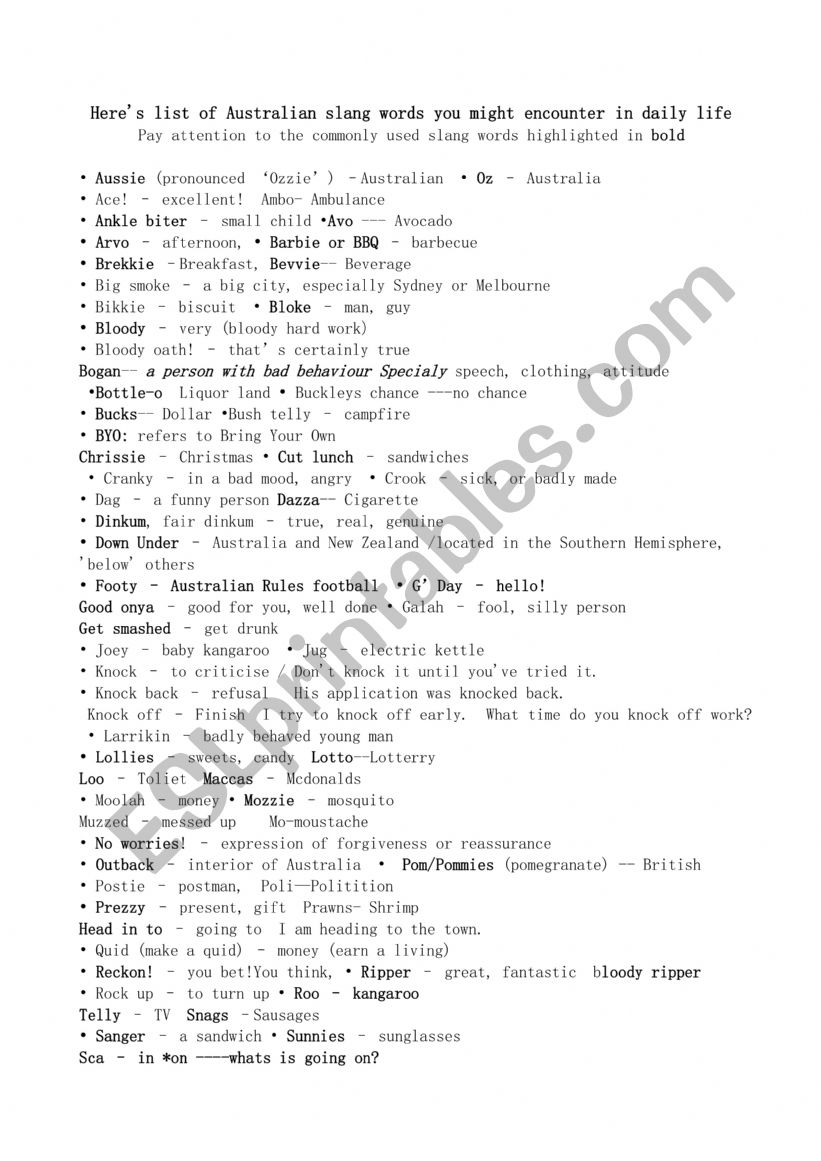 Aussi slang worksheet