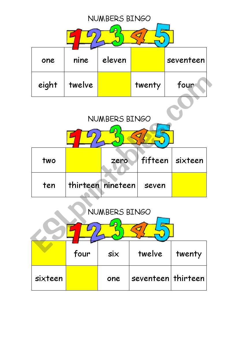 NUMBERS BINGO -20 worksheet