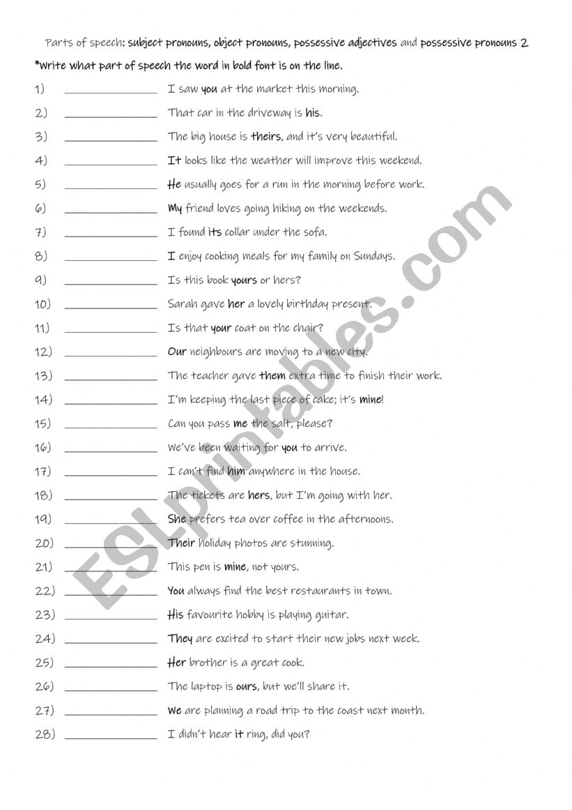 Parts of speech subject pronouns, object pronouns, possessive adjectives and possessive pronouns 2