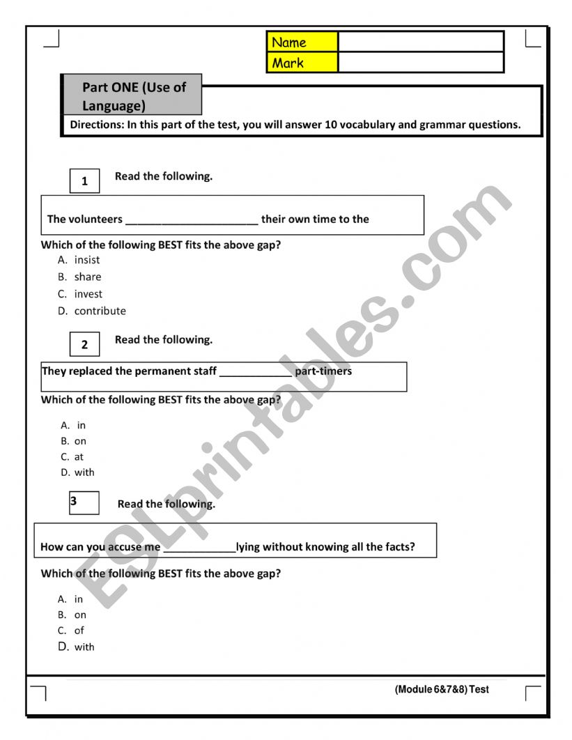 Directions: In this part of the test, you will answer 10 vocabulary and grammar questions.