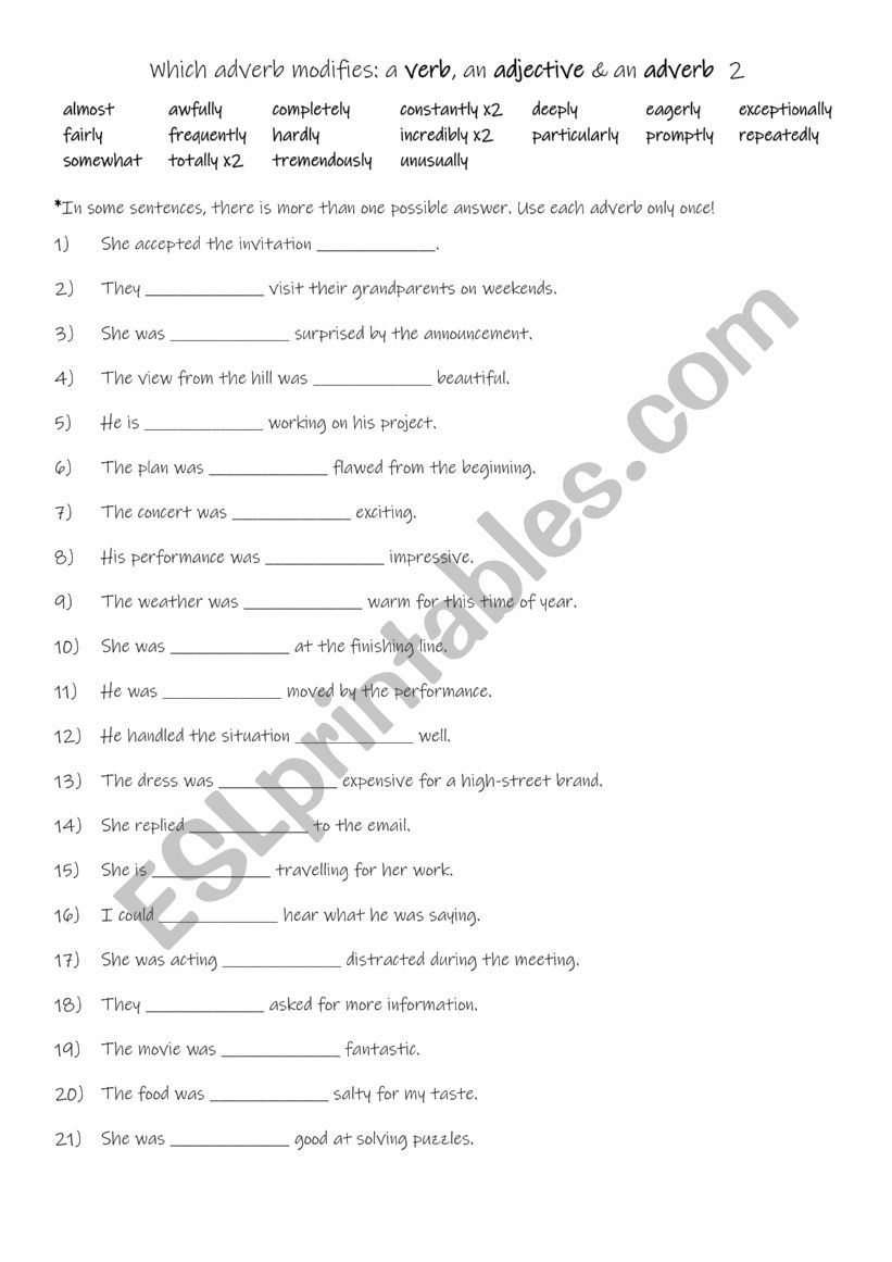 Which adverb modifies a verb, an adjective & an adverb 2
