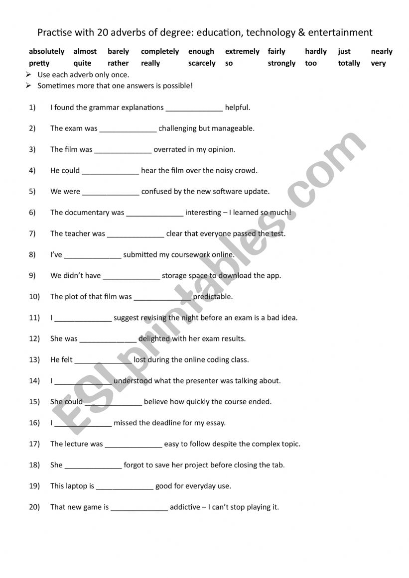 Practise with 20 adverbs of degree education, technology & entertainment