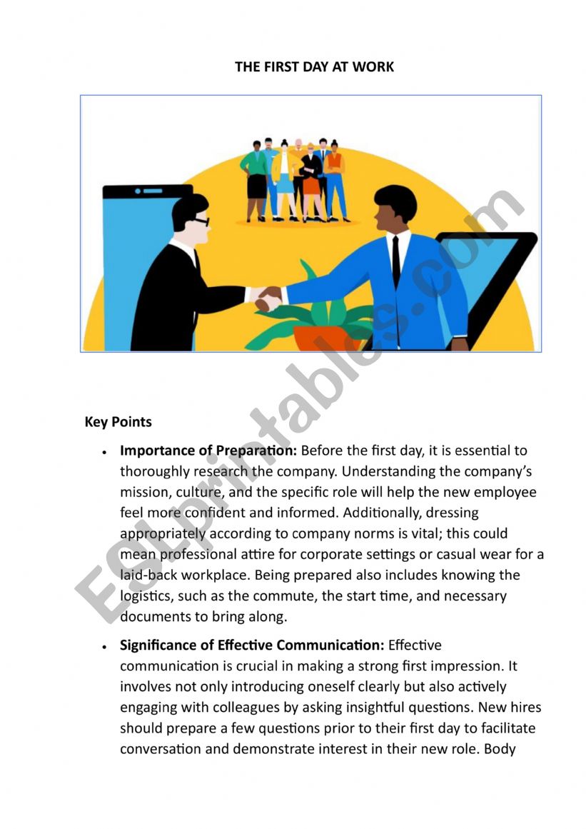 THE FIRST DAY AT WORK worksheet