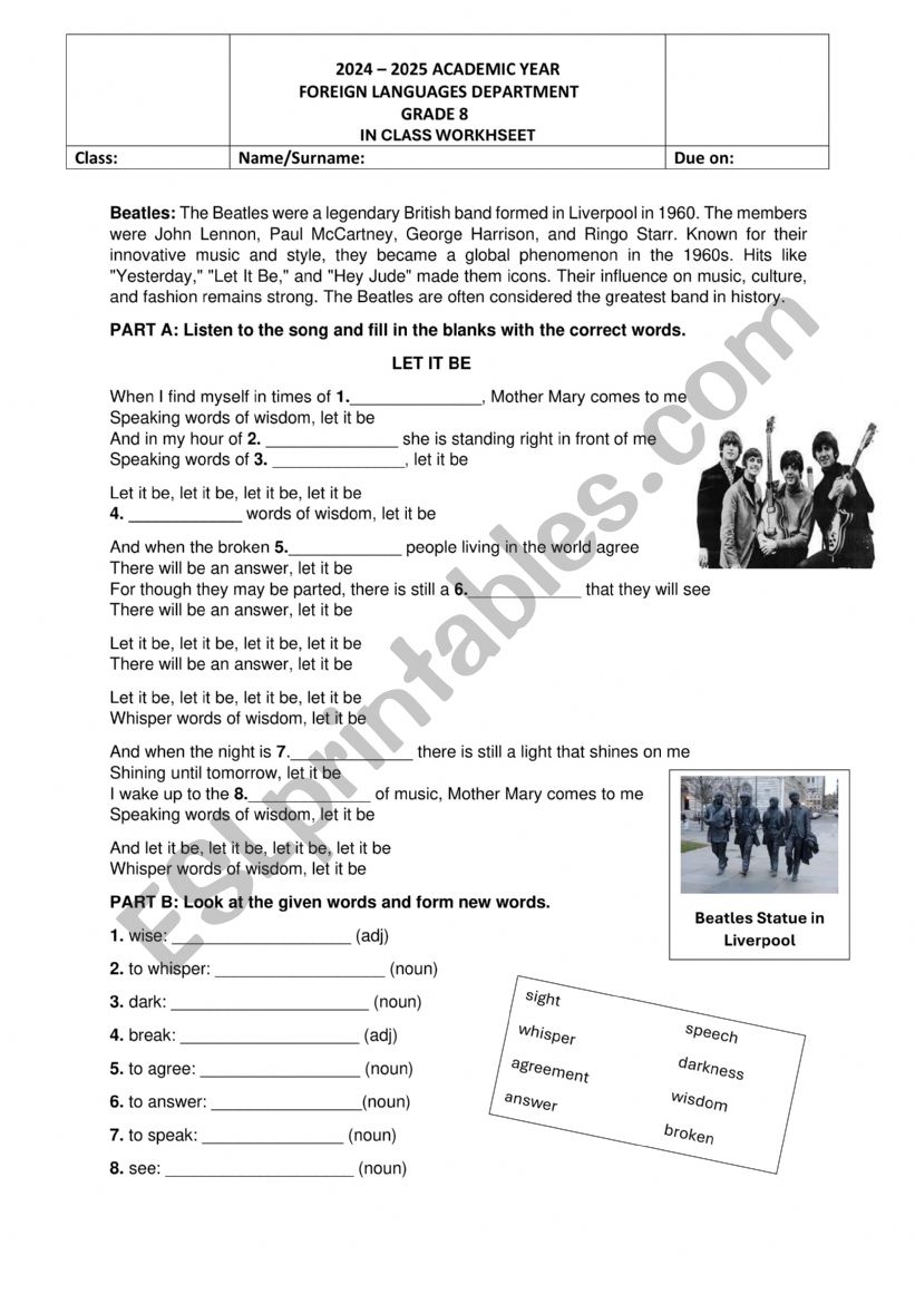 LET IT BE SONG WORKSHEET (With Key) 