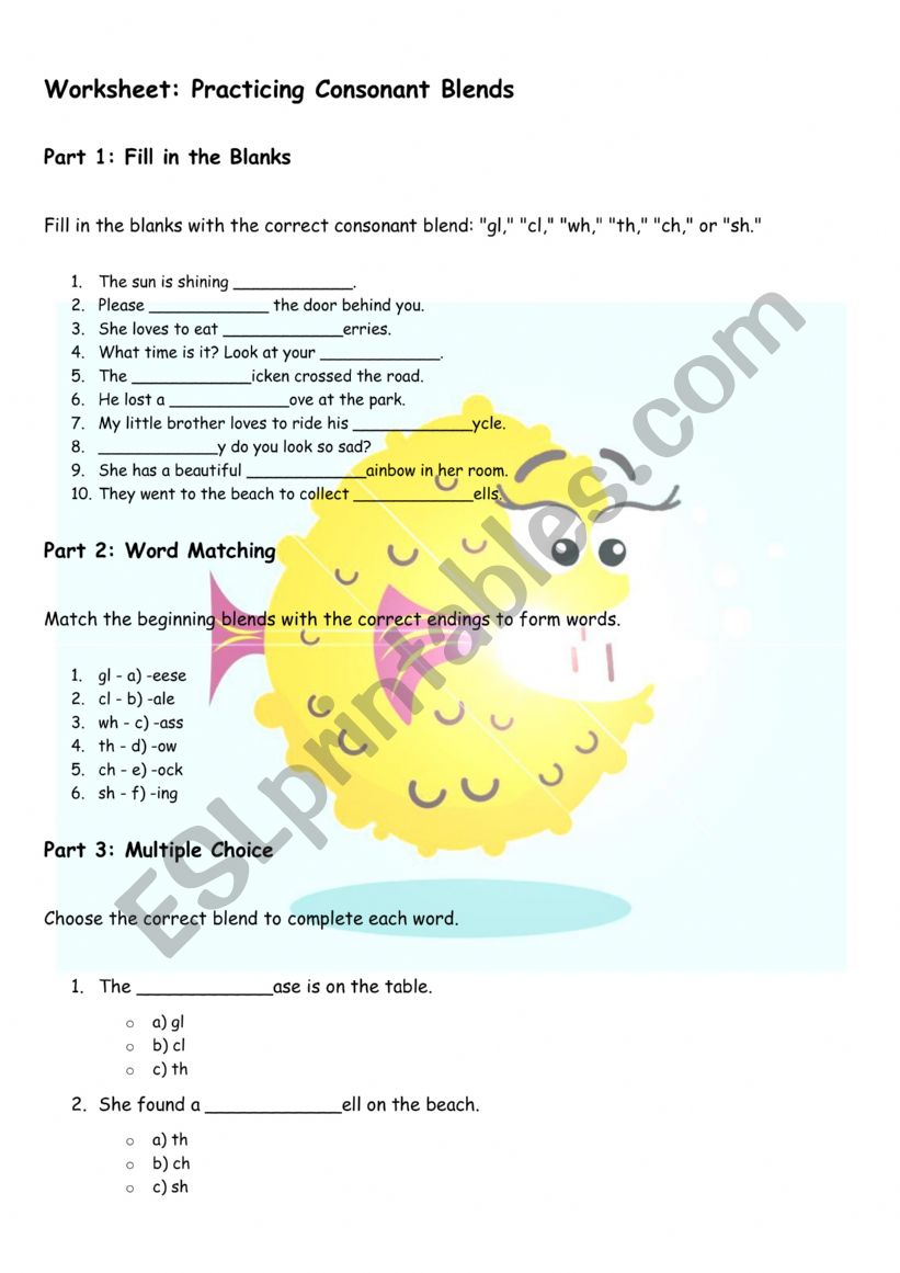 consonant blend practice gl, cl, wh, th, ch, or sh