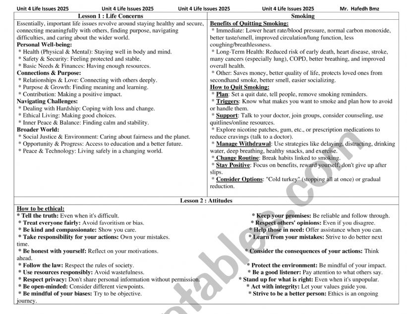 Bac Sc Unit 4 Lifes Issues  worksheet