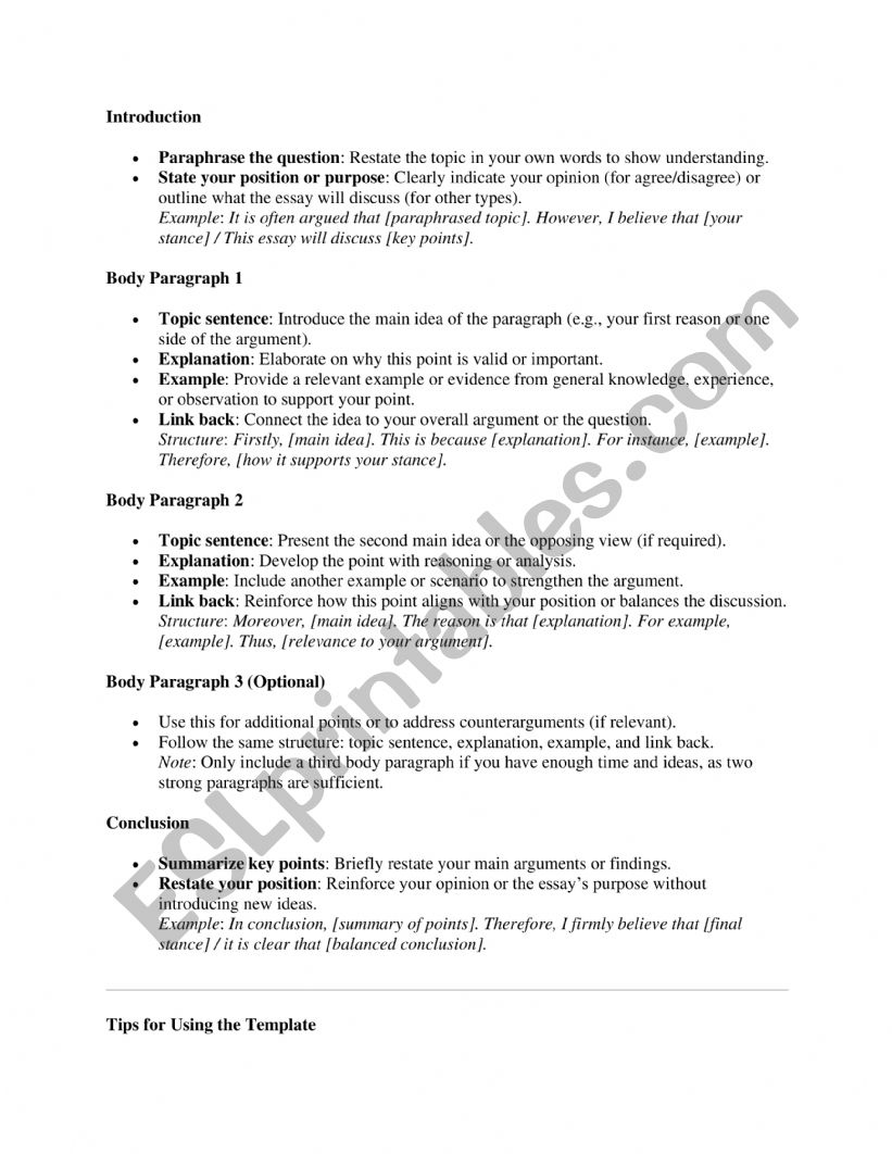 IELTS Task 2 Writing Template worksheet