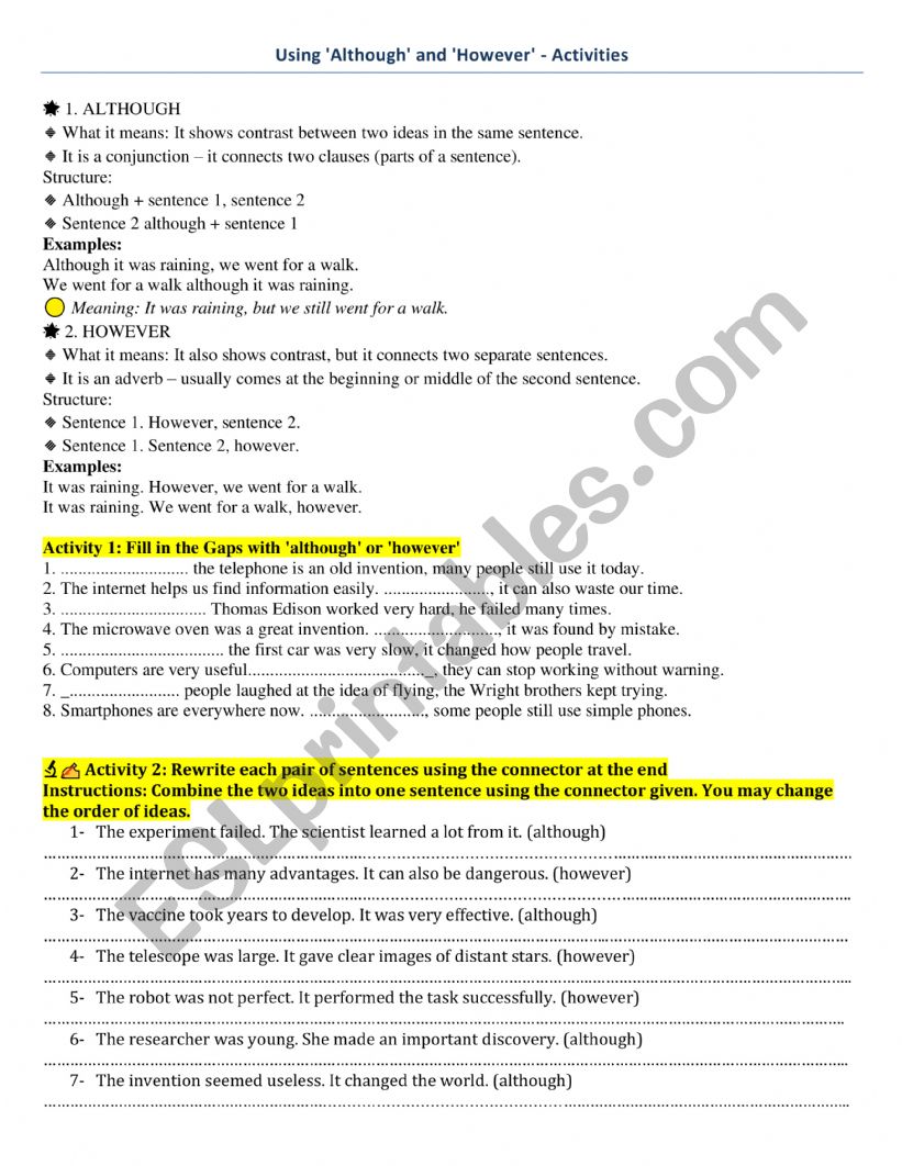 Although vs However worksheet Although vs However worksheet