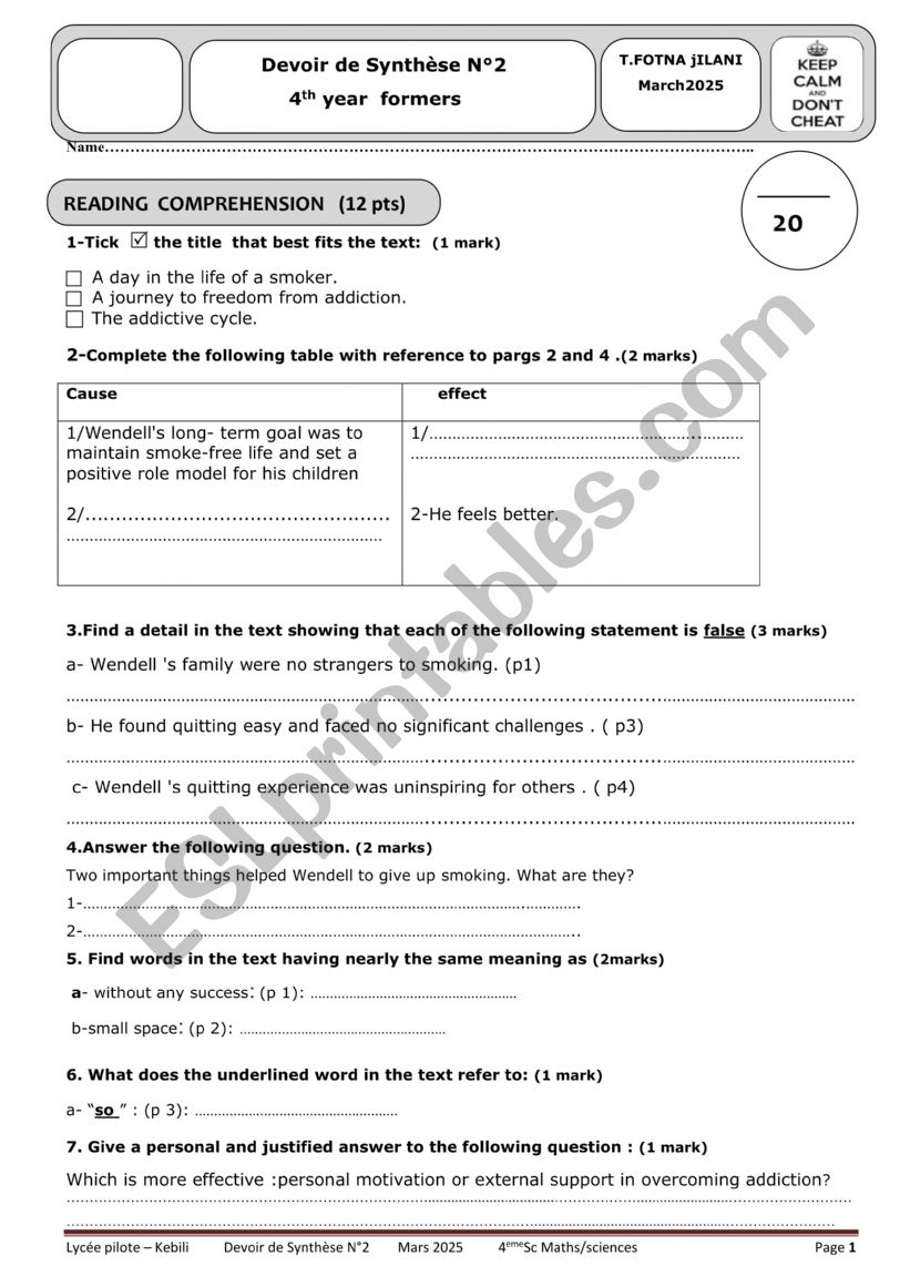 test worksheet