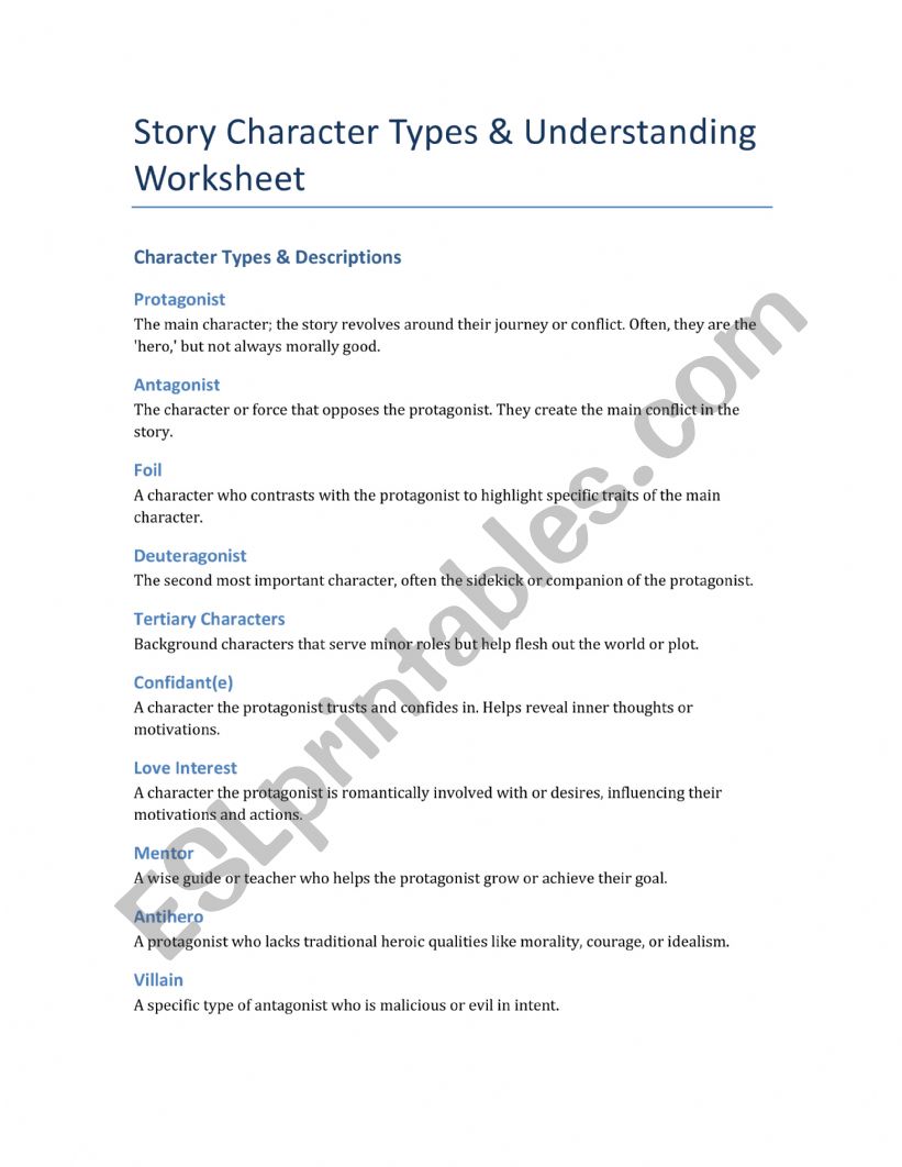 Story Character Types & Understanding Worksheet