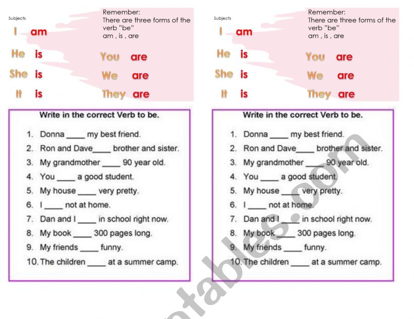 verb to be  worksheet