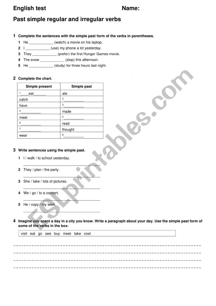 Past Simple irregular verbs test