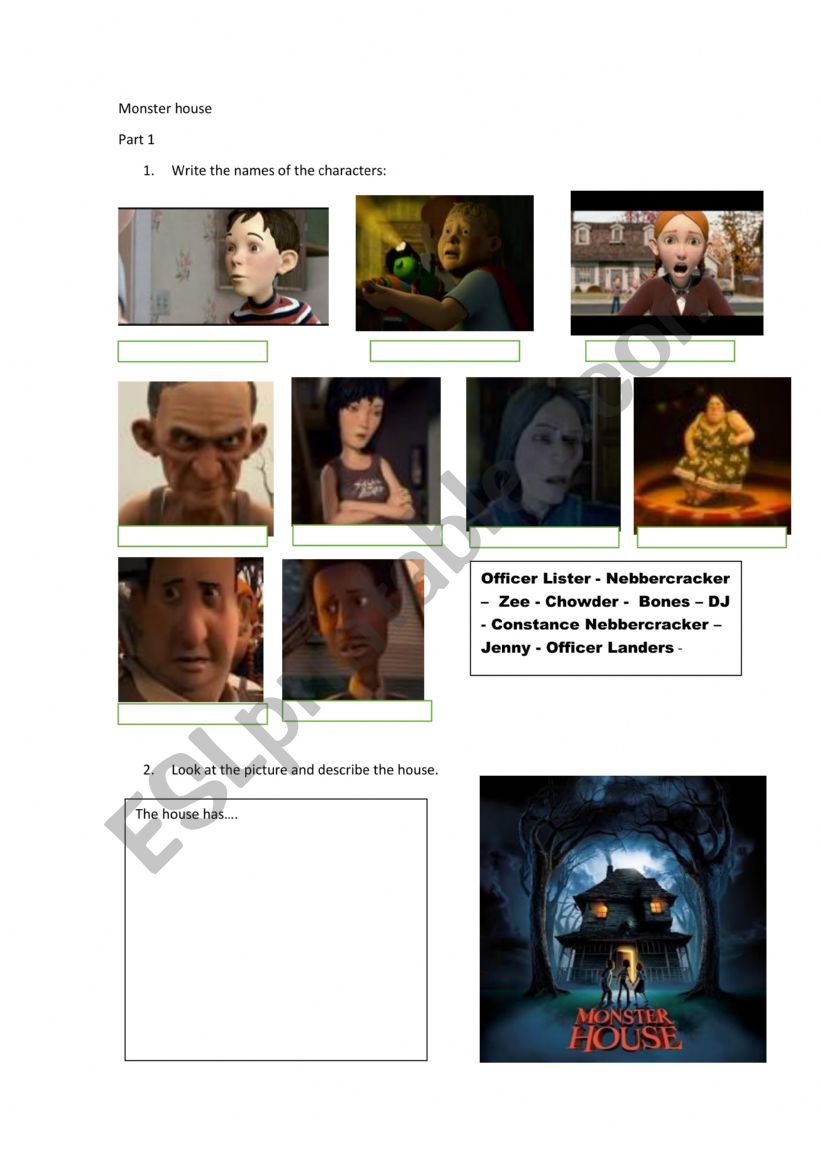 Monster house movie worksheet