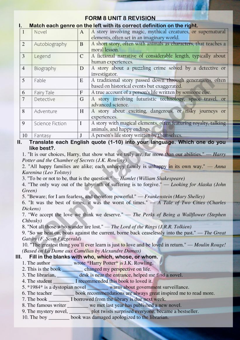 Books and reading (Vocabulary and Grammar worksheet)