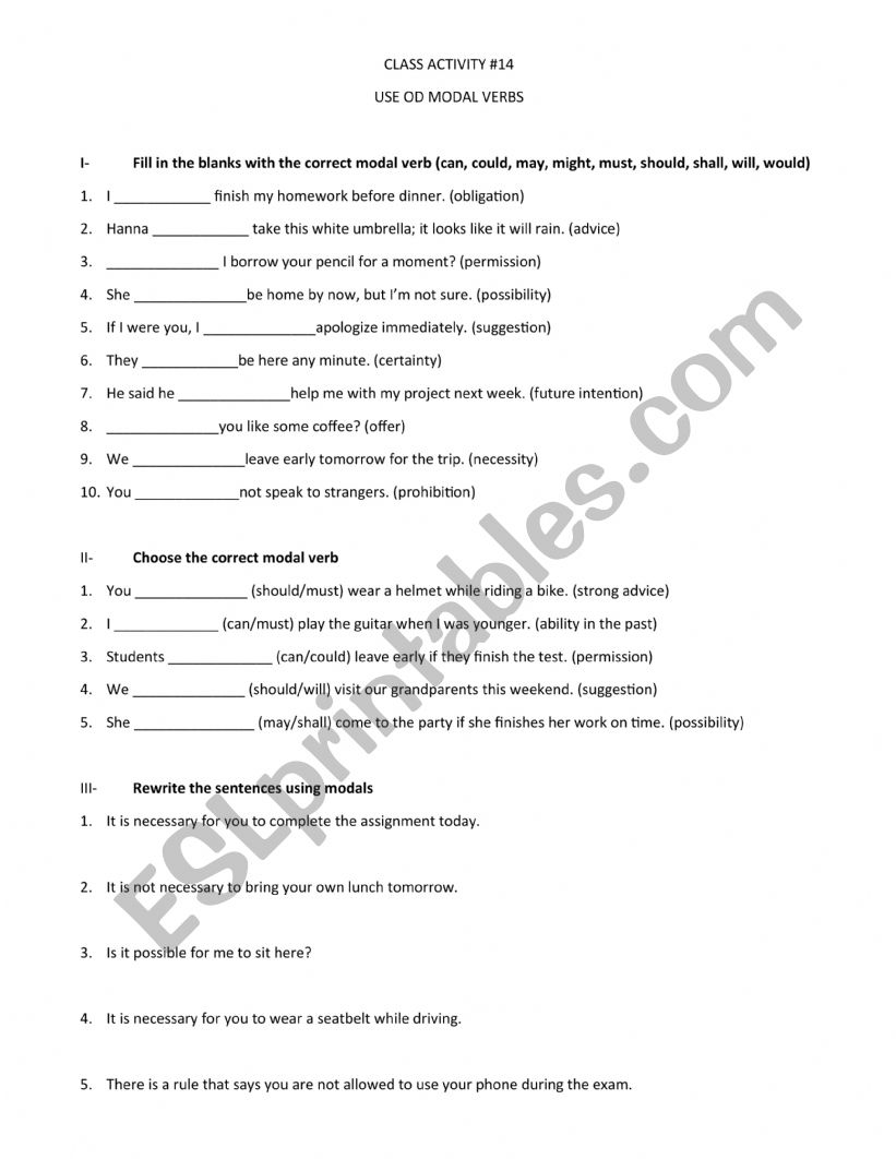USE OF MODAL VERBS worksheet