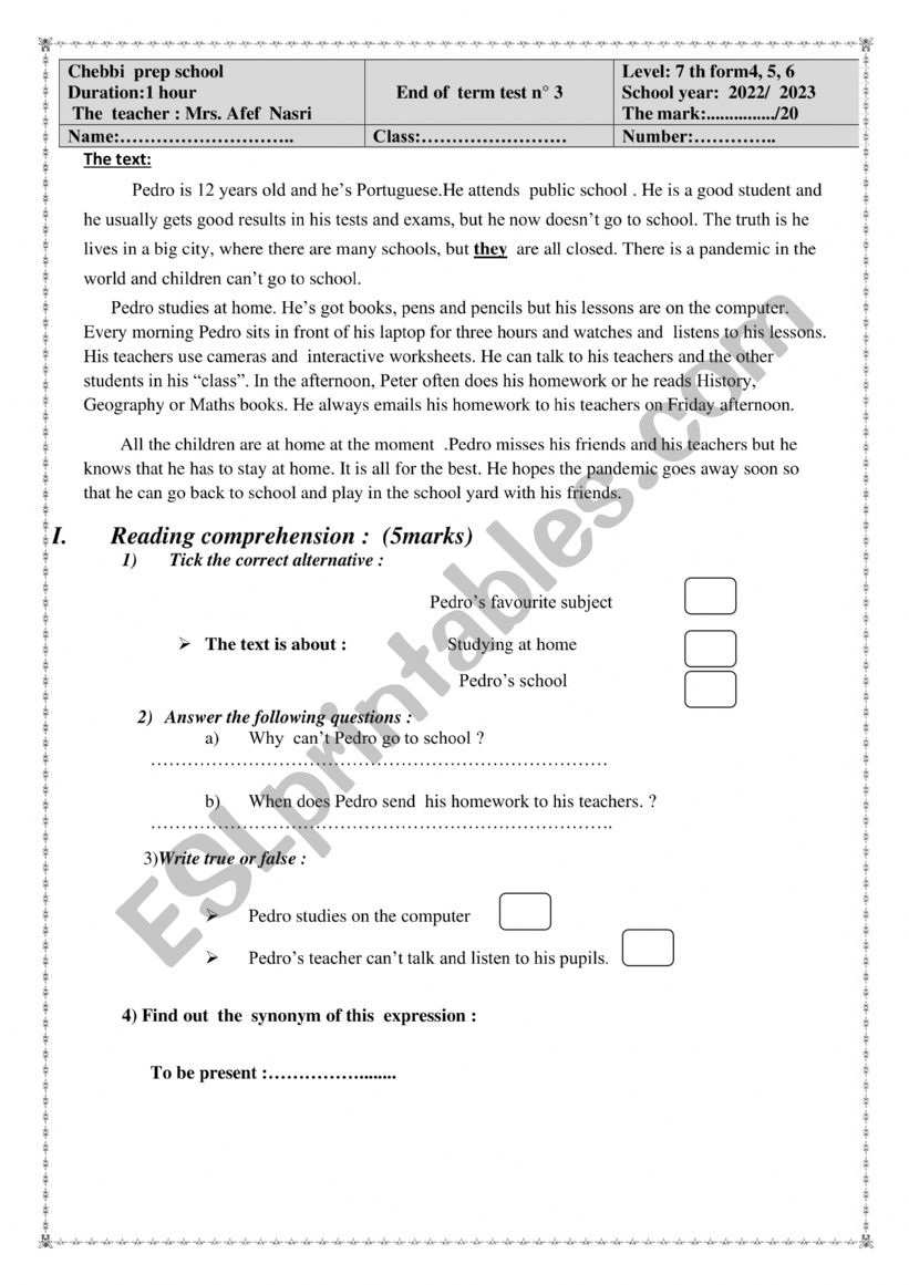 end of term test  worksheet