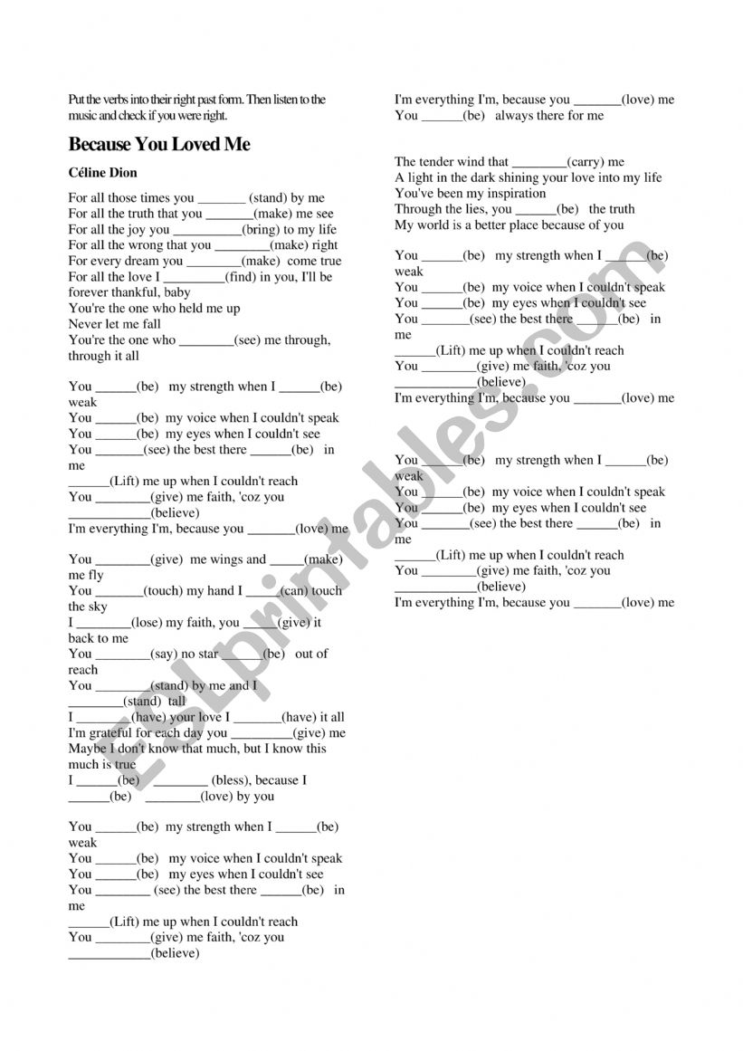because you loved me worksheet