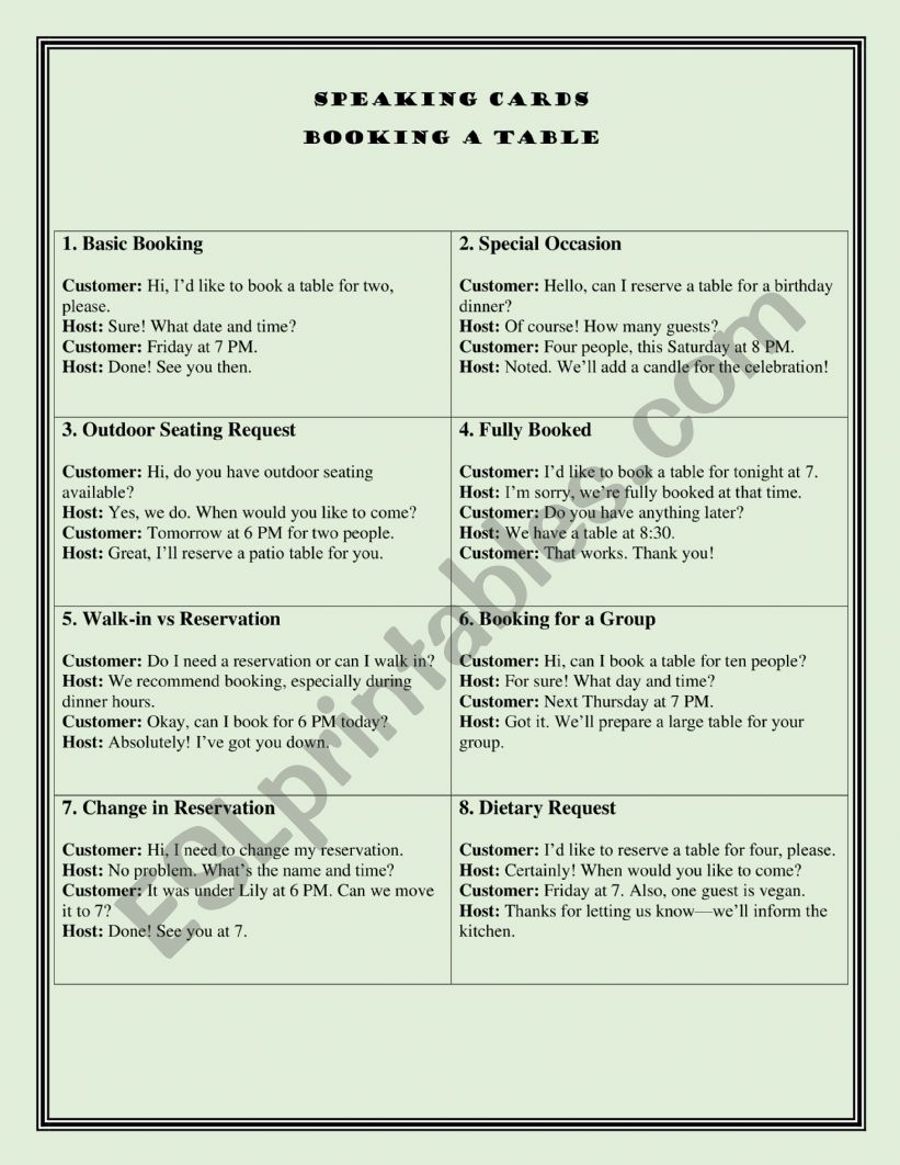 SPEAKING CARDS, BOOKING A TABLE