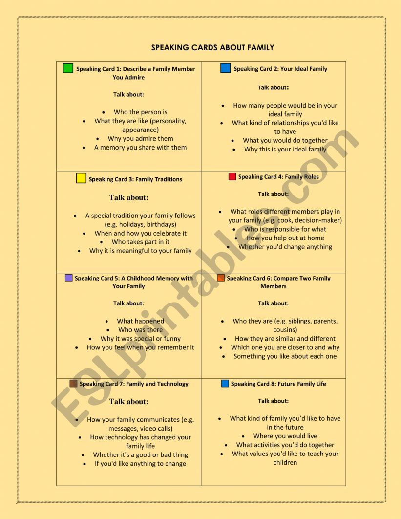 SPEAKING CARDS ABOUT FAMILY worksheet