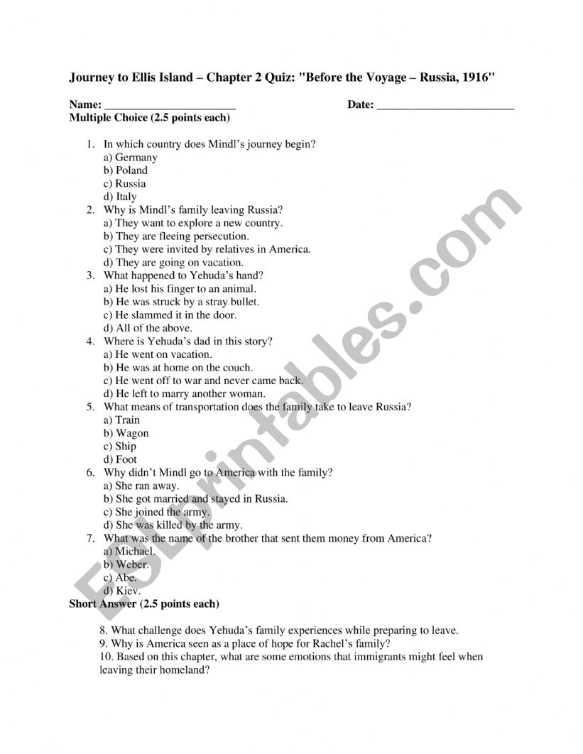 Journey to Ellis Island Quiz worksheet