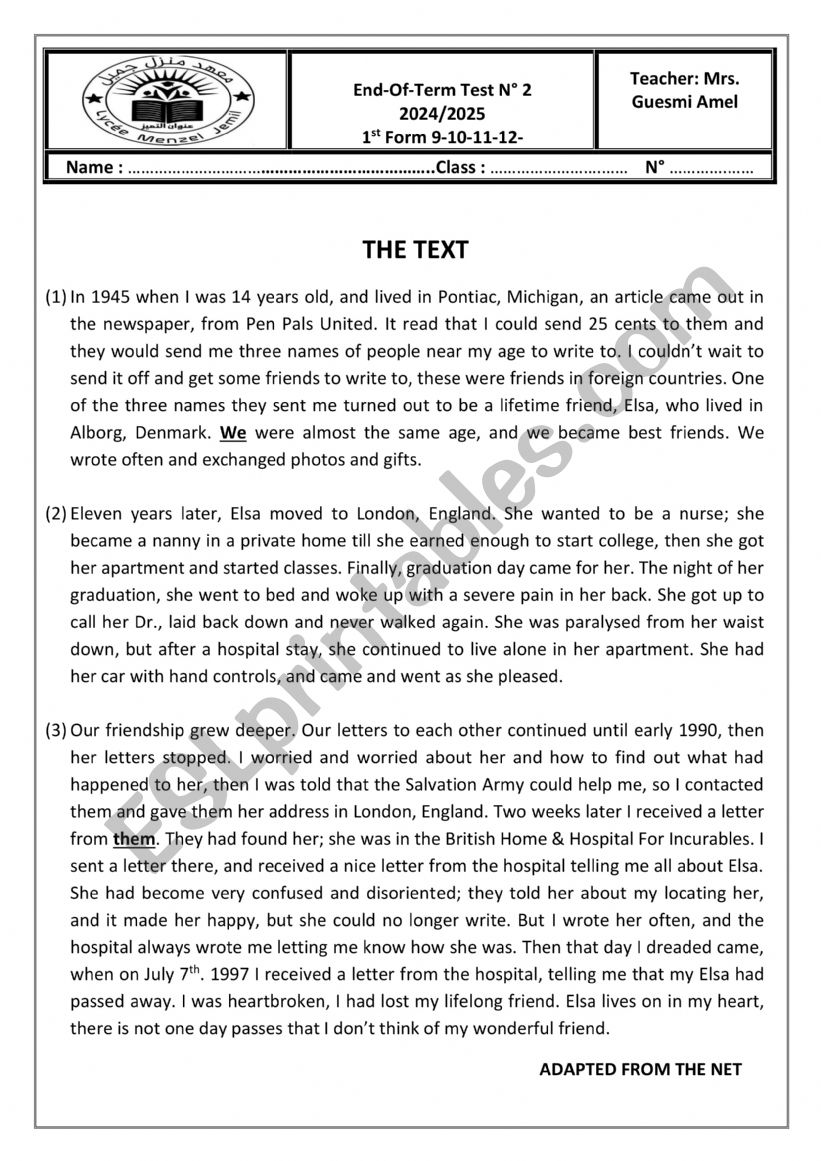 end of term test two first form