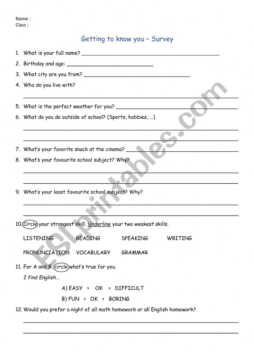 Gettint to know you worksheet