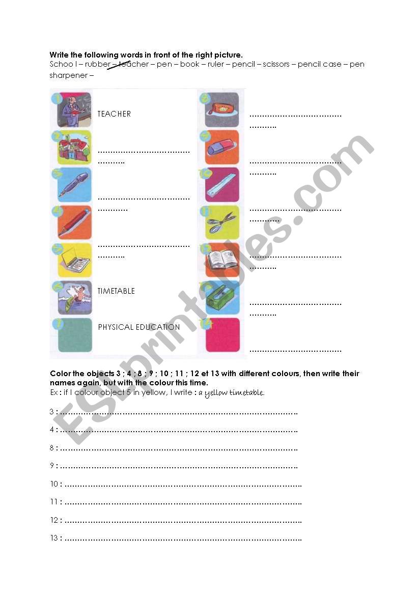 school things and colours worksheet