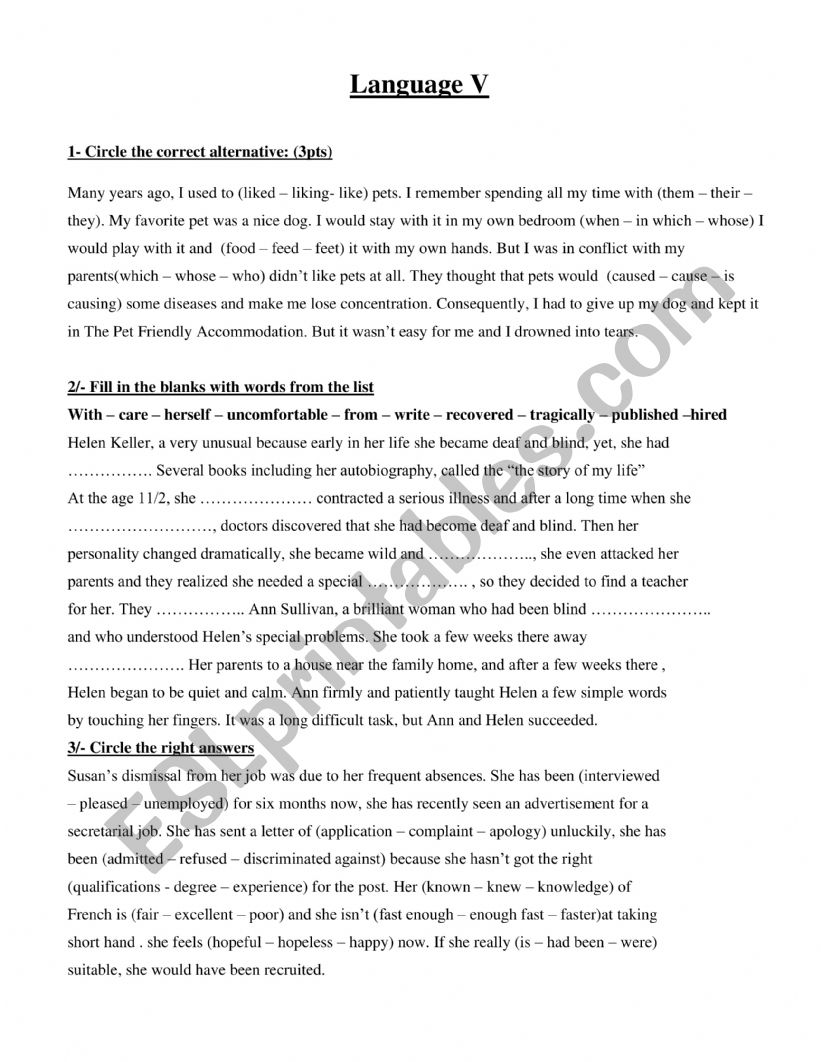 language part 1st year secondary education exam