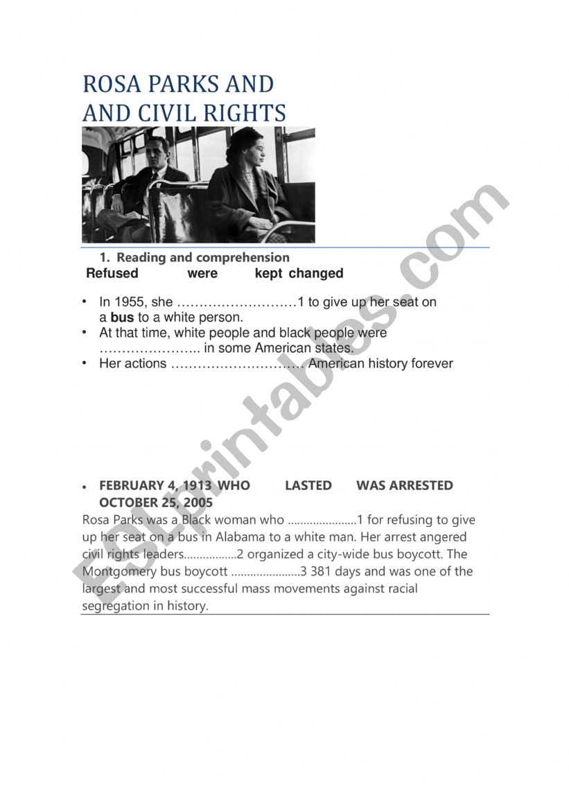 ROSA PARKS AND CIVIL RIGHTS worksheet