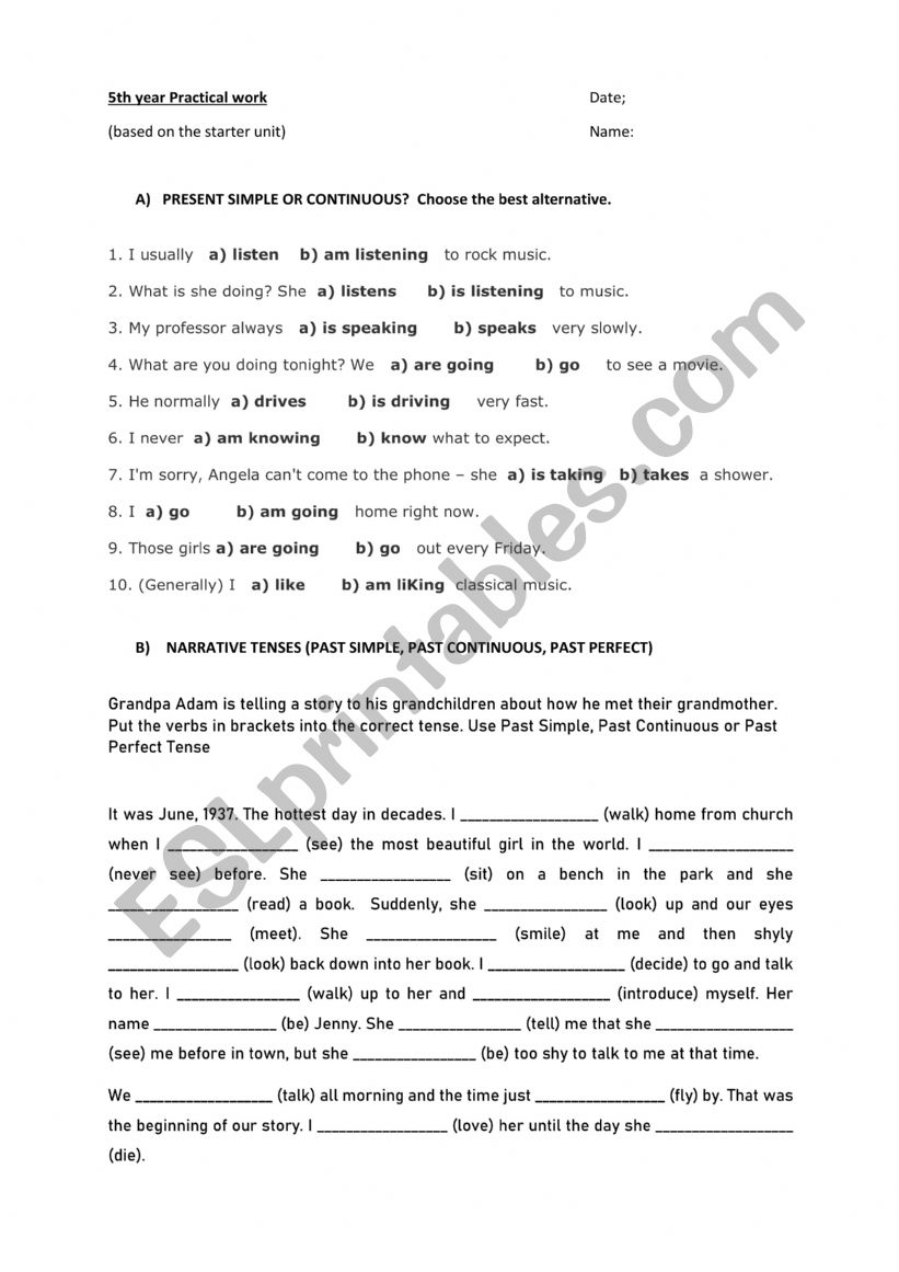 Tenses revision test worksheet