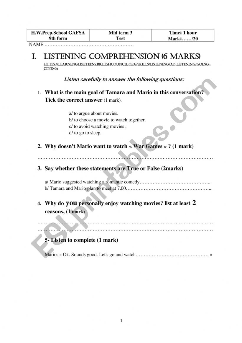 mid term 3 test    9th form worksheet