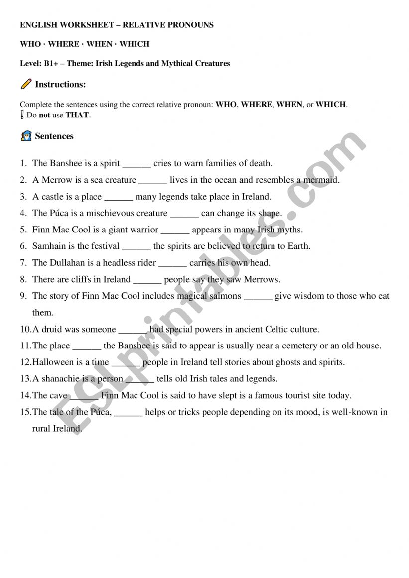 Relative pronoms worksheet