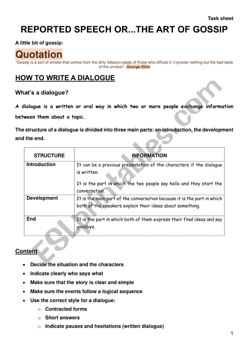 Dialogue tips worksheet