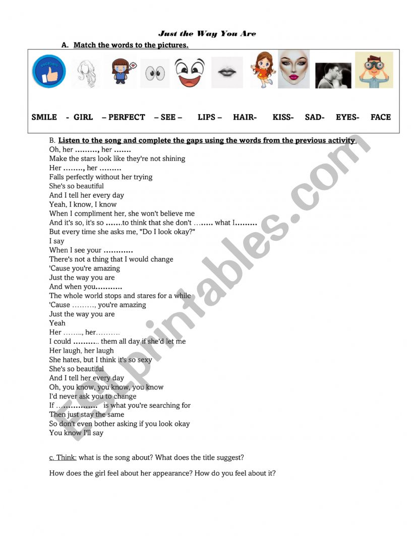 Just the way You are worksheet