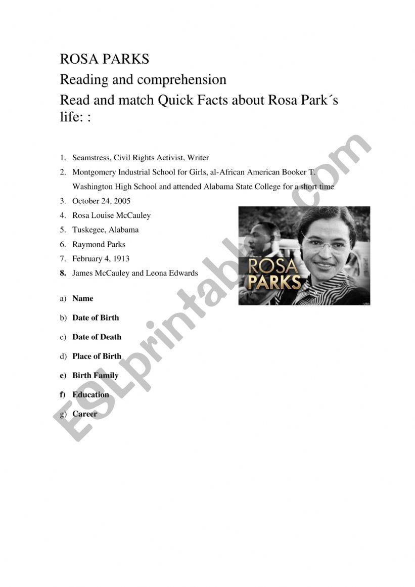 ROSA PARK QUICK FACTS  worksheet