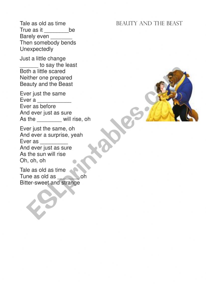 Beauty and the beast song worksheet