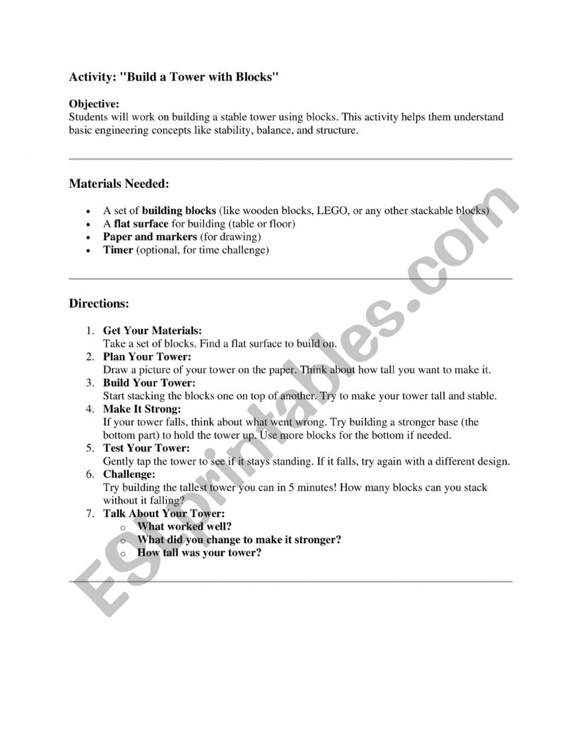 Building Block Activity worksheet