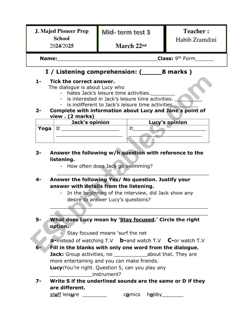 Mid term test 3 worksheet