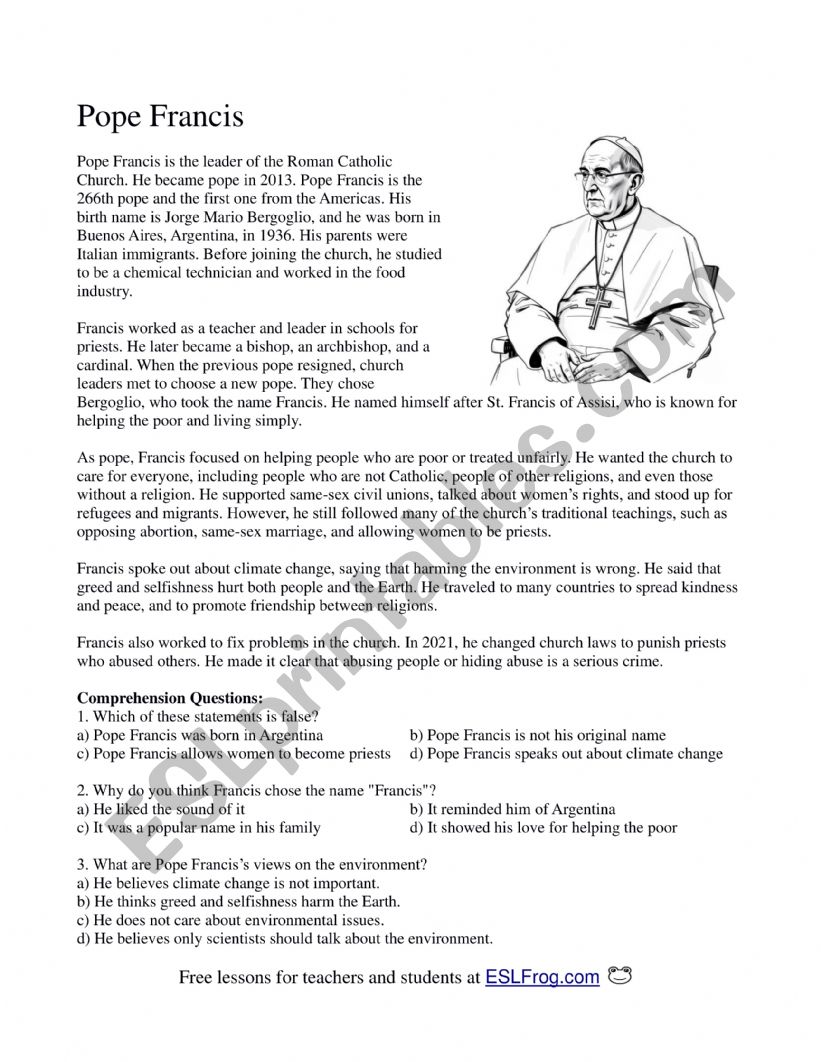 Pope Francis worksheet