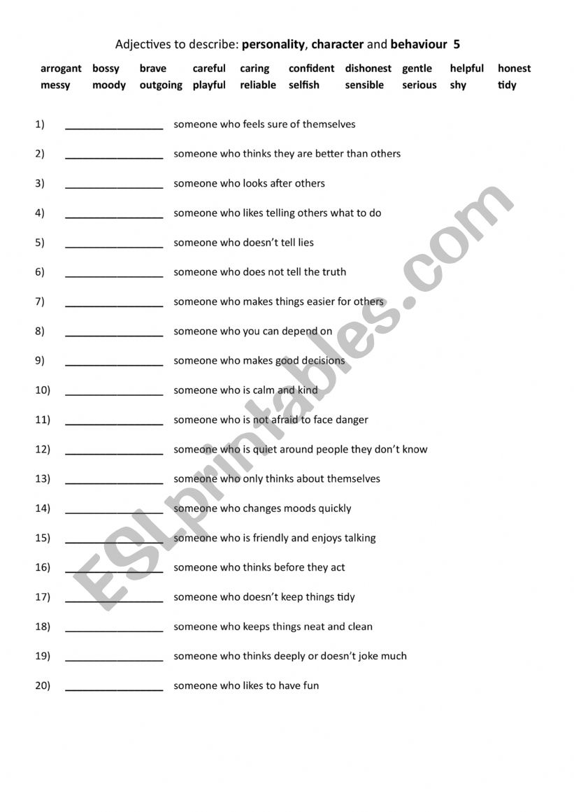 A2-B1 Adjectives to describe personality, character and behaviour 5