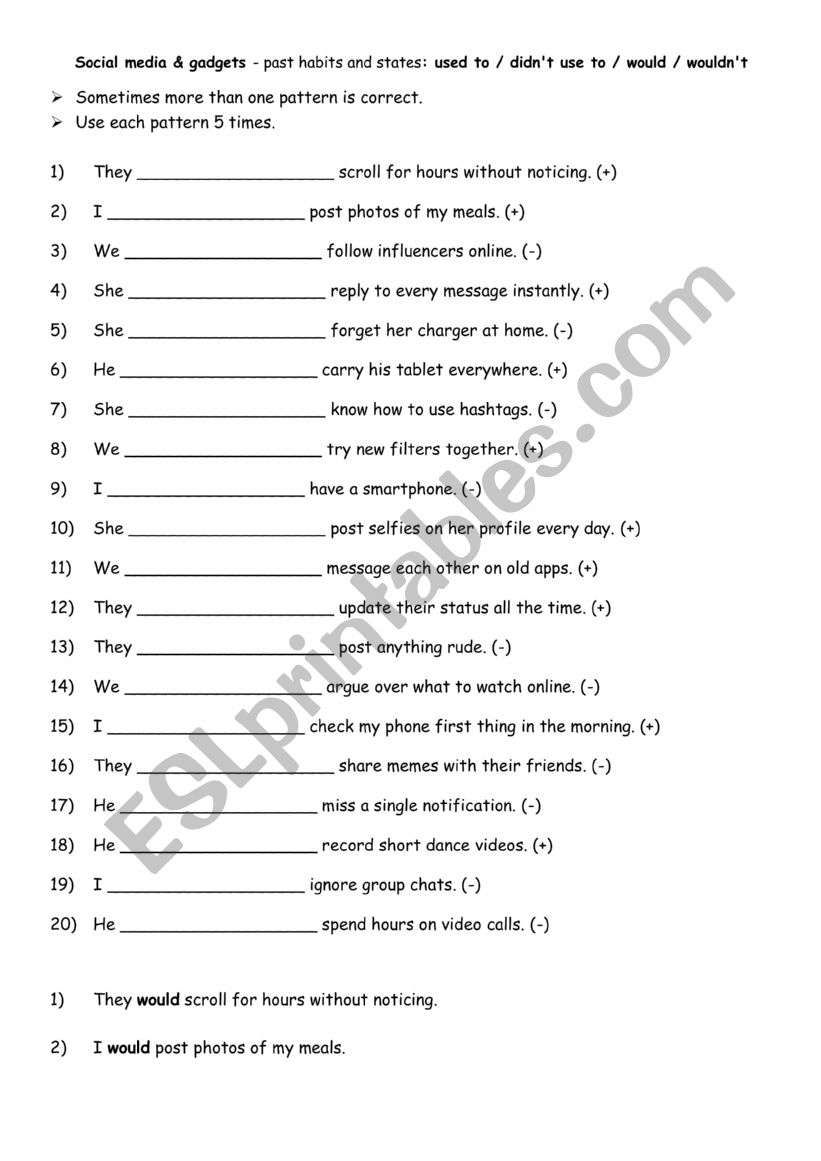 A2-B1 Social media & gadgets - past habits and states used to  didn�t use to  would  wouldn�t