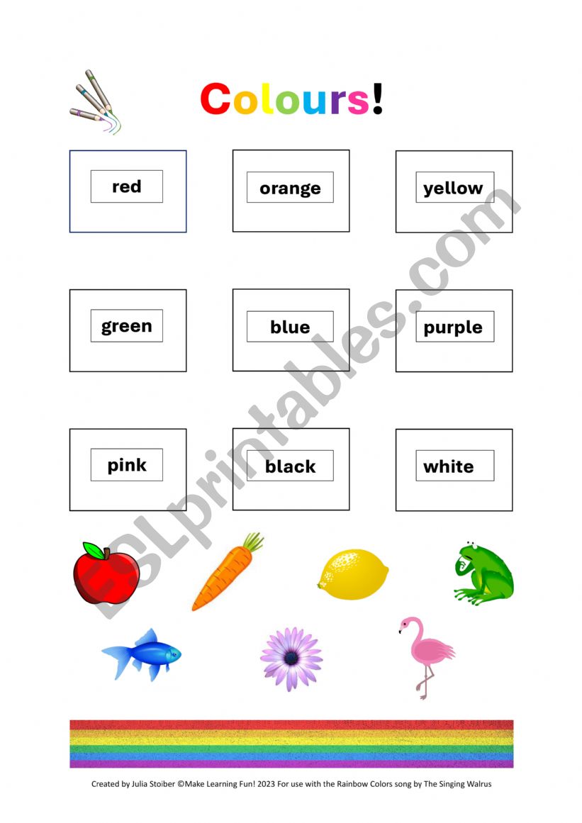Colours Worksheet for use with the Rainbow Colors song by The Singing Walrus