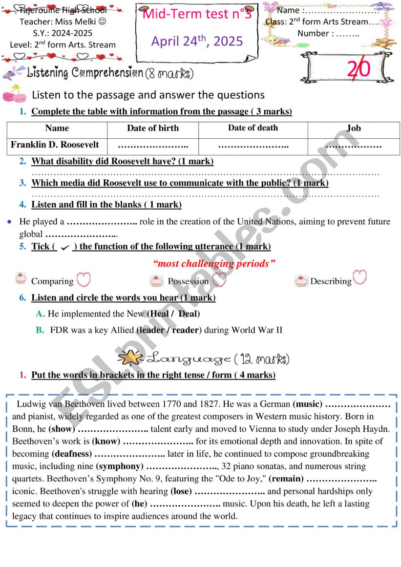 2nd form Mid term test n3  worksheet