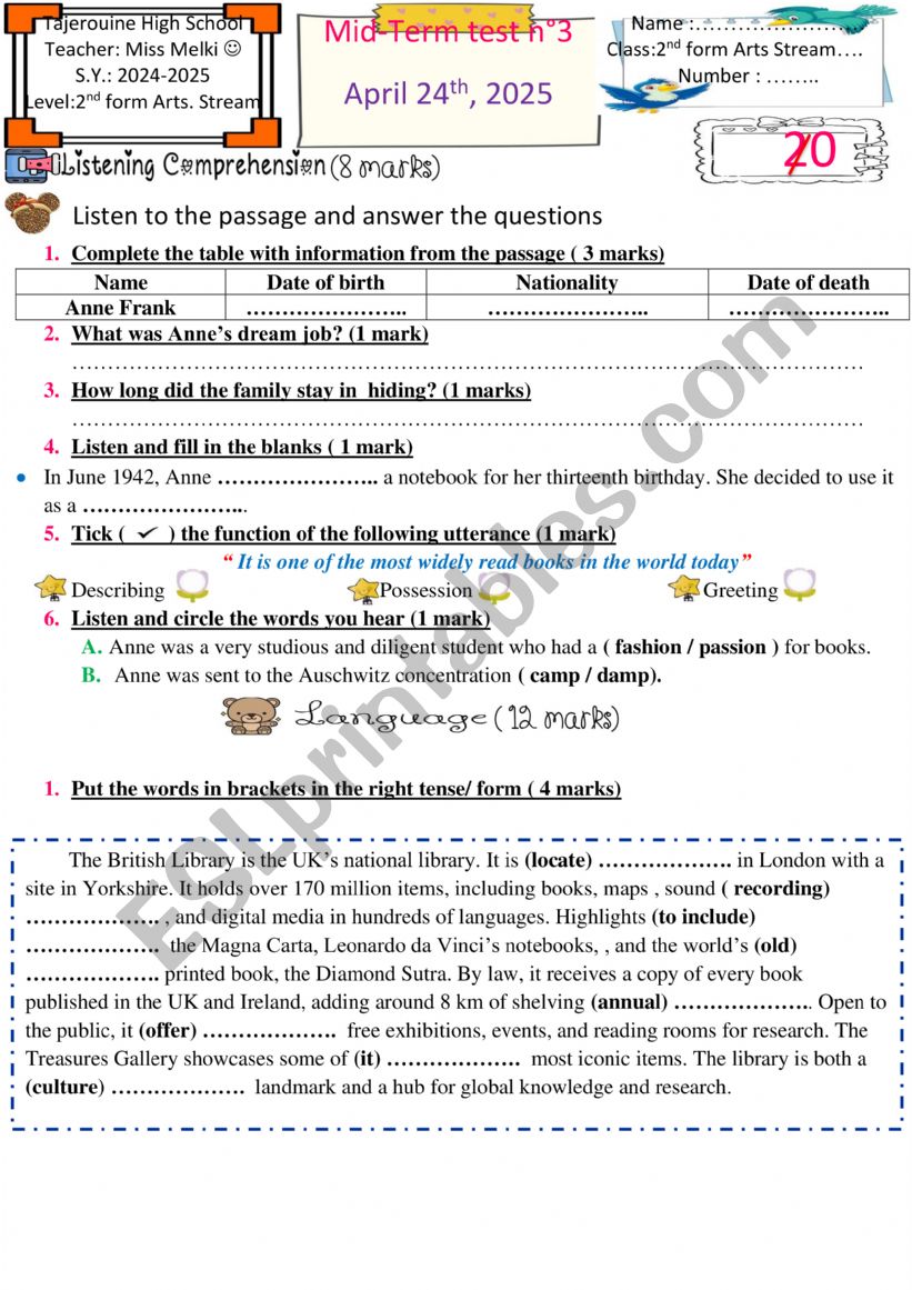 2nd form mid term test 3 worksheet