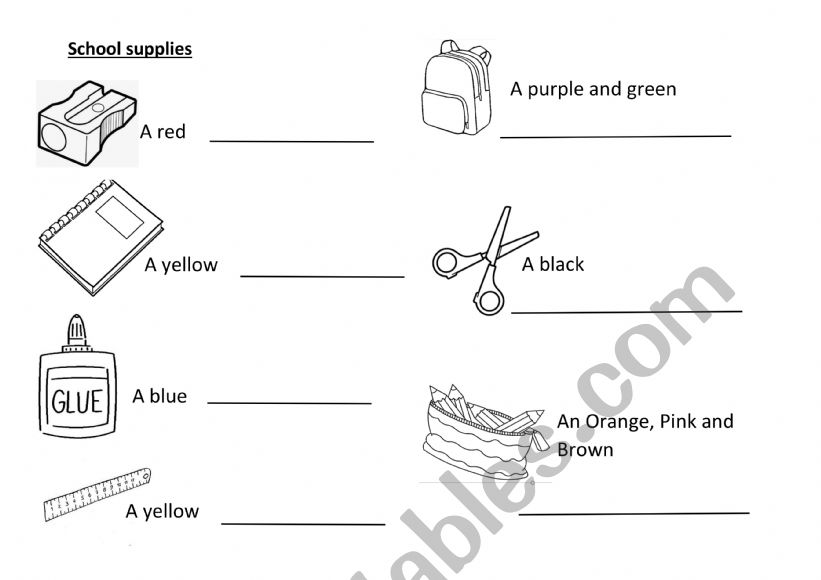 School supplies to color worksheet