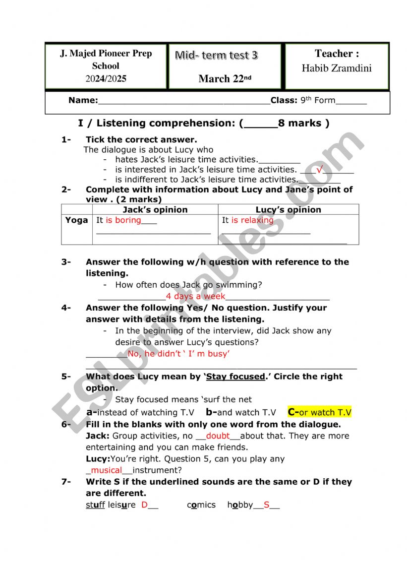 9th mid term 3 correction.  worksheet
