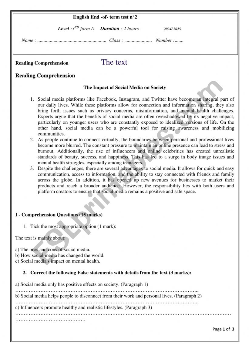 End of term test - Review worksheet