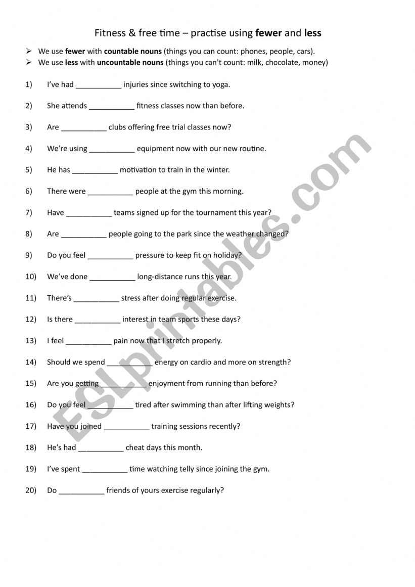 Fitness & free time – practise using fewer and less - ESL worksheet by ...