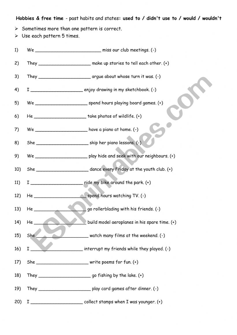 Hobbies & free time - past habits and states: used to / didnt use to / would / wouldnt